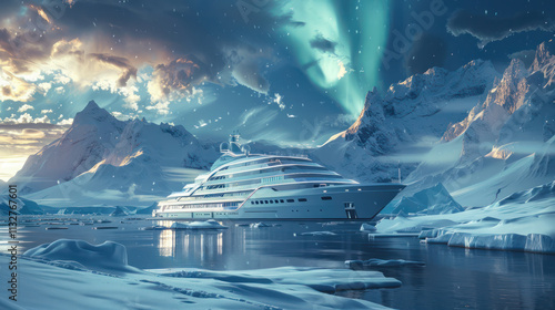 northern winter wonderland with northern lights (aurora borealis) and cruise ship