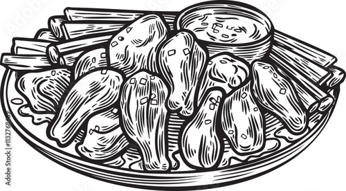 Buffalo wings and sauce traditional dish line drawing vector illustration.