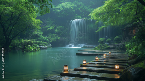 A serene path by a waterfall leading through a lush green garden and calm water