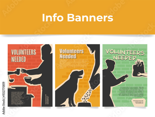 Volunteers needed advertising black silhouette banner design template set vector flat
