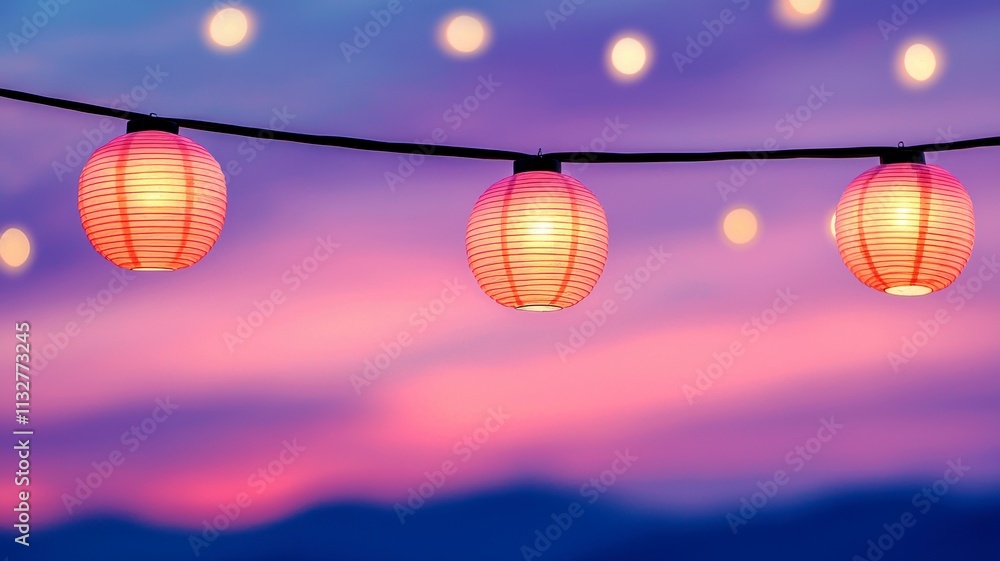 Fototapeta premium Chinese New Year new beginnings concept. Illuminated lanterns against a vibrant sunset sky.