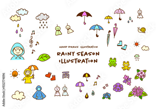 雨のシンプルな天気カラーイラストアイコンセット