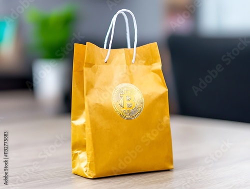 Yellow shopping bag with Bitcoin symbol. photo