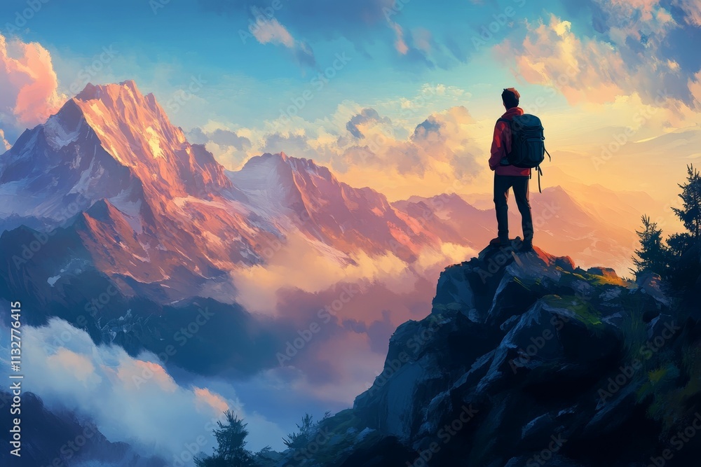 Fototapeta premium Solo hiker admires sunset mountain vista.