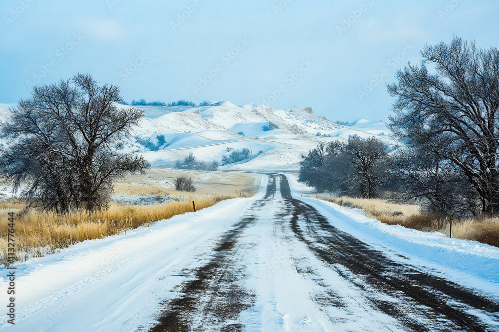 Obraz premium Photo snowy landscape on the serene winter road is ideal for travel brochures, seasonal marketing, and winter driving safety campaigns.