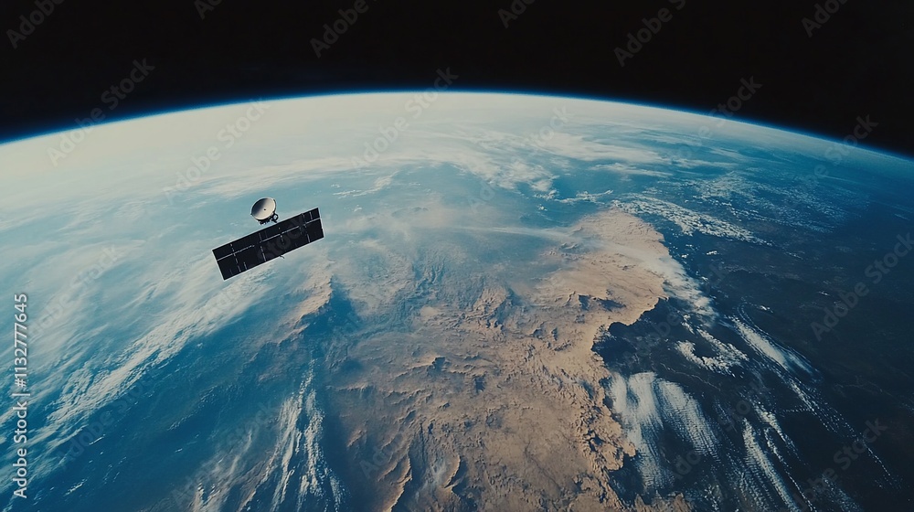 Fototapeta premium Satellite Orbiting Earth Showing Clouds and Landmasses