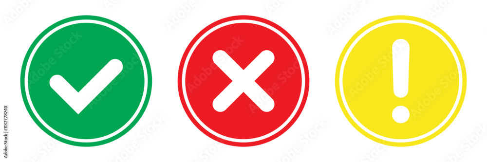 Right and wrong symbol, Exclamation mark sign. Set of flat round check mark, X mark icons, exclamation point. Right and wrong symbol, Exclamation mark sign. Set of flat round check mark, X mark icons, exclamation point.