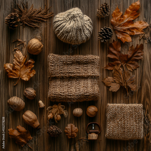 Autumn accessories are displayed on a wooden background, featuring scarves, hats, gloves and cozy details photo