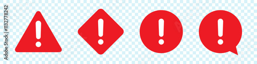 Set of hazard warning, warn symbol, red icon flat sign  with exclamation mark isolated on white background.