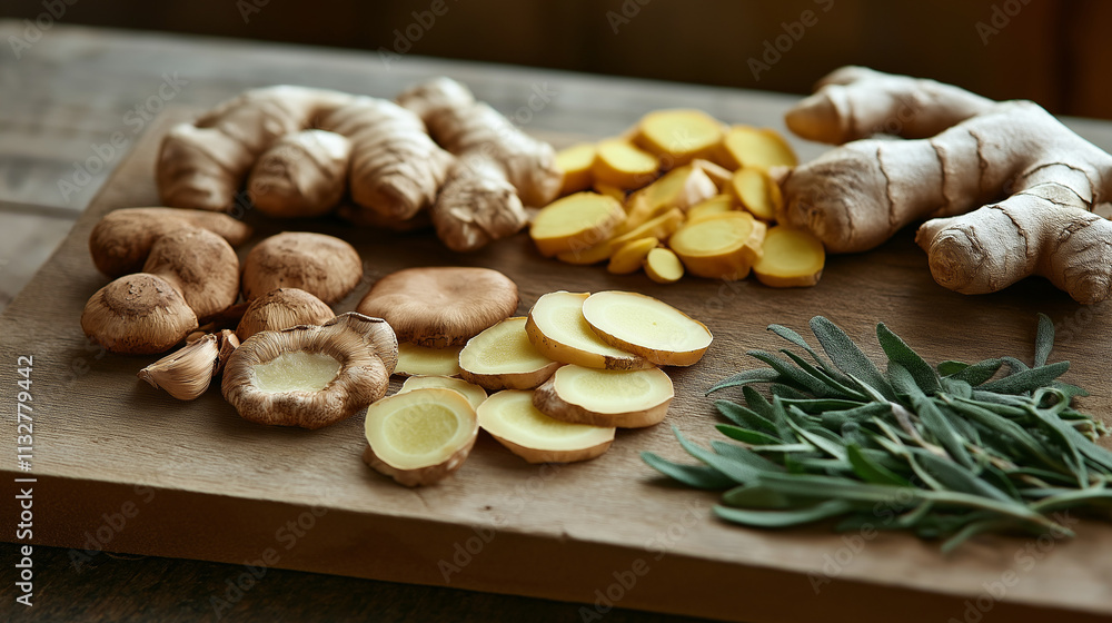 Fototapeta premium Fresh ginger and turmeric roots with green leaves