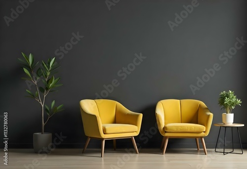 Two yellow armchairs in a modern living room with a dark gray wall and a side table