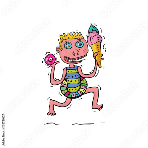 Funny cartoon character wearing swim ring and eating ice cream and donut in Pool party