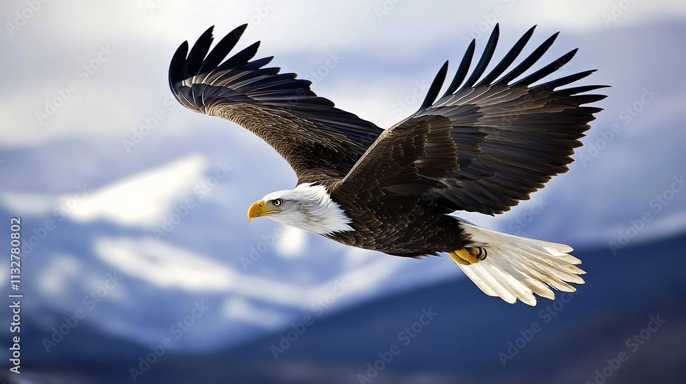 Obraz premium Majestic Bald Eagle Soaring Over Snowy Mountains