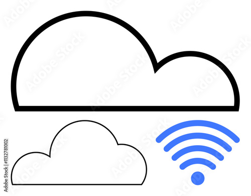 Large black cloud, smaller black cloud, and blue wireless icon arranged together. Ideal for technology, internet access, cloud computing, data storage, communication networking. Line metaphor