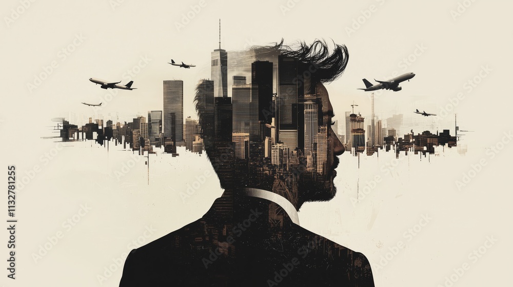 Obraz premium Profile of a Man with Cityscape and Airplanes in Background
