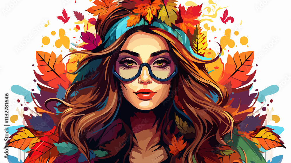 Naklejka premium Vibrant Smiling Hippie Girl with Colorful Leaves - Trendy Portrait Photography