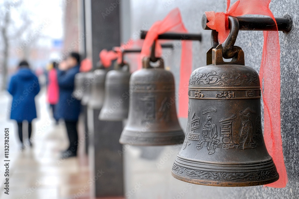 Obraz premium Chinese New Year temple visit concept. Bells hanging with red ribbons in a serene outdoor setting.