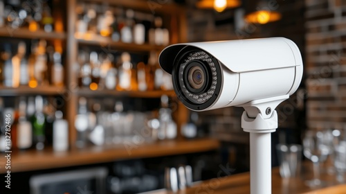 Indoor security camera in a stylish bar setting with blurred background