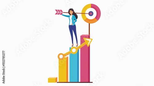 Businesswoman Aiming Arrow to Target Board Stand Top - Professional Business Concept photo