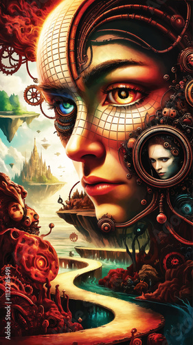 Steampunk mechanized women made of clockwork gears and springs The concept of the robot
