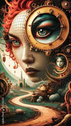 Steampunk mechanized women made of clockwork gears and springs The concept of the robot