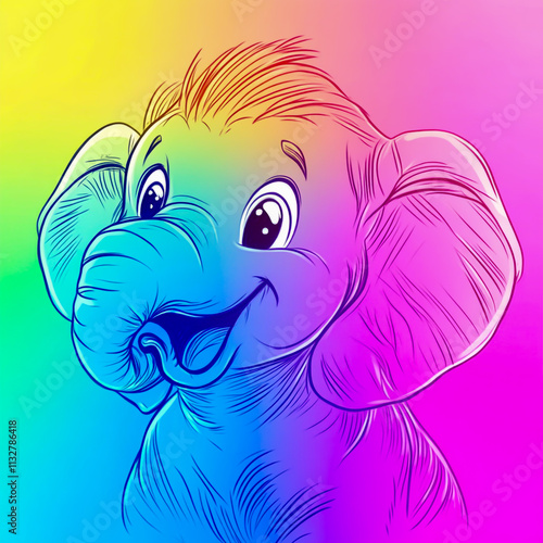 Colorful line art of a cheerful cartoon elephant with a smiling expression, a vibrant rainbow gradient photo