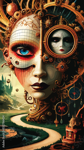 Steampunk mechanized women made of clockwork gears and springs The concept of the robot