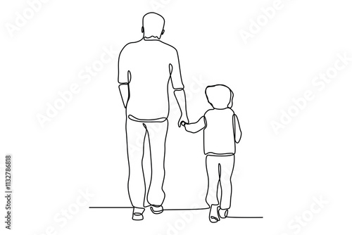 Simple continuous line draw of father was walking leisurely with his son. Family minimalist concept, fathers day, simple line.