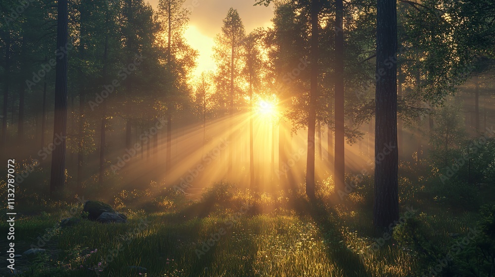 Fototapeta premium Sunbeams Through the Forest: A Path to Tranquility