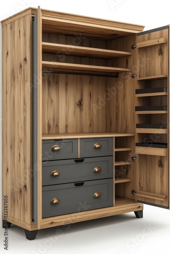 Wooden wardrobe with drawers and shelves, opened doors showing interior storage.