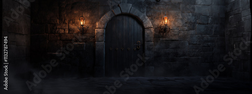 Dungeon. Door to Medieval castle corridor with torches. Interior of ancient Palace with stone arch

