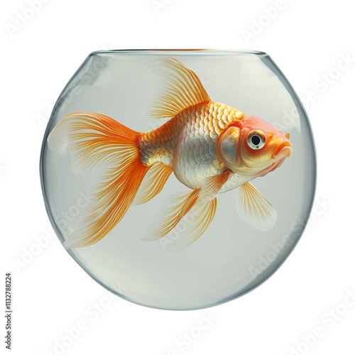 Goldfish in a Bowl:  A solitary goldfish gracefully swims in a clear glass bowl, its vibrant orange scales shimmering in the light.