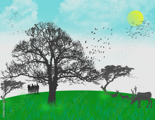 Rain forest scenery with tree silhouette