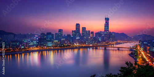 City Skyline with River and Sunset Glow

