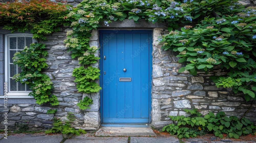 Fototapeta premium Blue Door Framed By Stone And Blooming Hydrangeas