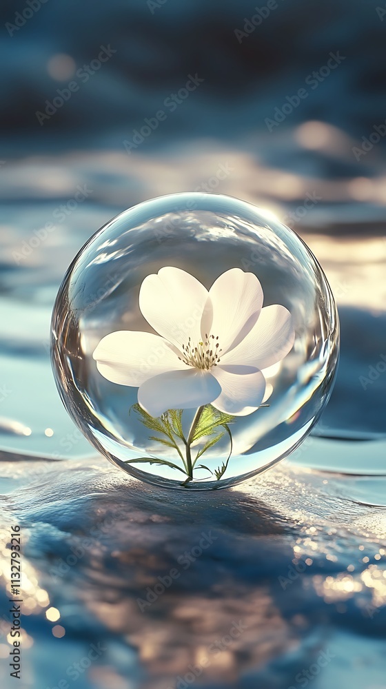 Glass ball containing single vibrant flower inside image Glass ball containing single vibrant flower inside image