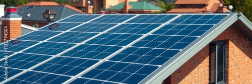 A close-up image of solar panels installed on a tiled roof, showcasing clean energy technology. photo