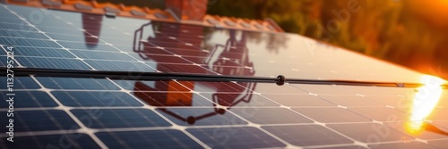 A close-up image of solar panels installed on a tiled roof, showcasing clean energy technology. photo