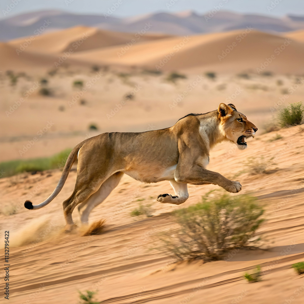 Fototapeta premium running lioness speed effect desert background