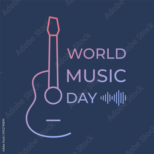 World music day poster with outline guitar on blue background. Template for banner, poster, flyer, print