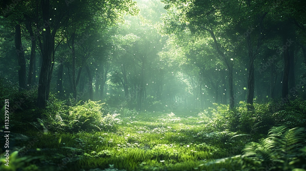 Obraz premium Captivating Warm Sunlight Filtering Through Dense Forest Trees Creating a Serene Atmosphere for Nature Lovers and Outdoor Enthusiasts