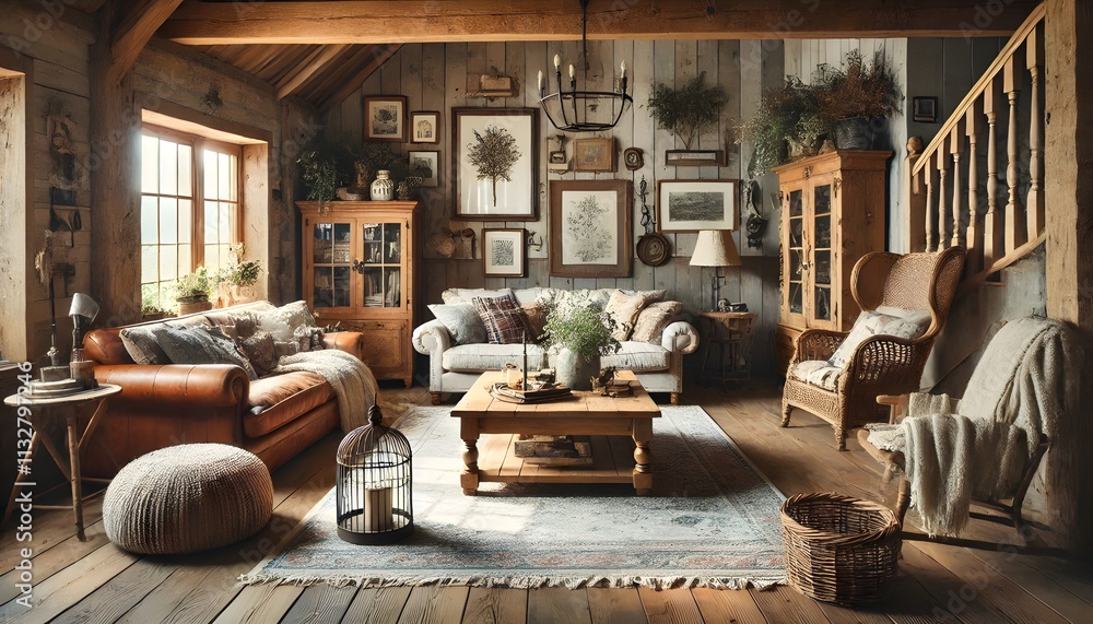 Fototapeta premium Cozy Rustic Living Room with Wooden Furniture and Warm Decor