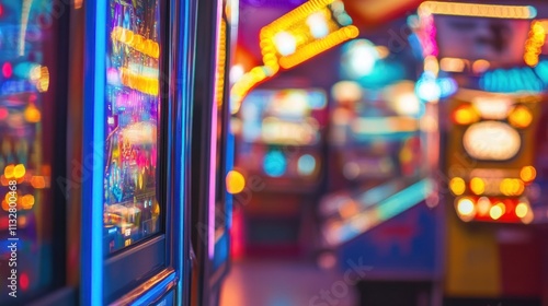 A retro fairground arcade, classic pinball machines and claw grabber games with colorful flashing lights