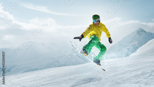 athlete man performing tricks on snowboard, exuding confidence and control in vibrant winter gear against clear skies and alpine scenery. Concept of extreme sport, ski-resort, holidays. Ad photo