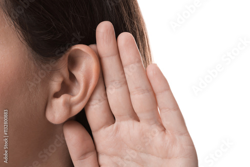 Woman showing hand to ear gesture on white background, closeup photo