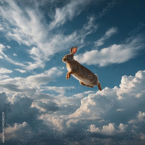 A rabbit hopping among clouds in a surreal sky.