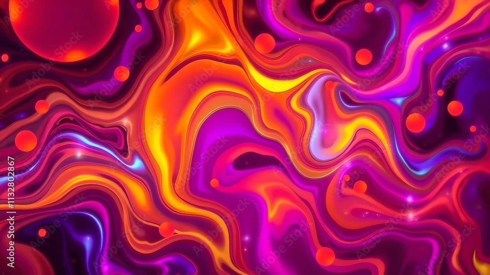Fototapeta premium Abstract fluid fruit patterns with glowing neon ink, vibrant color transitions, radiant soft-focus bokeh, and surreal movement in a dynamic background
