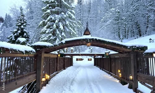 Wallpaper Mural The snowy landscape features a wooden bridge winding through a forest of trees dusted with frost, with a cabin nestled among the mountains against a backdrop of white sky Torontodigital.ca