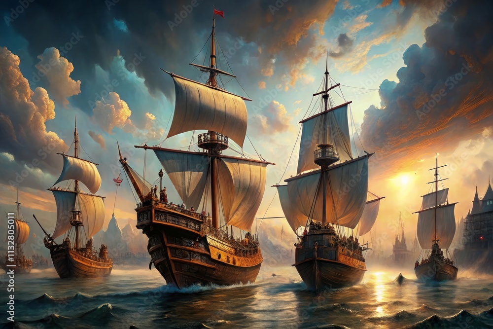 Obraz premium ai generative fantasy illustration of pirate ship in the ocean, in the background colorful galactic sky