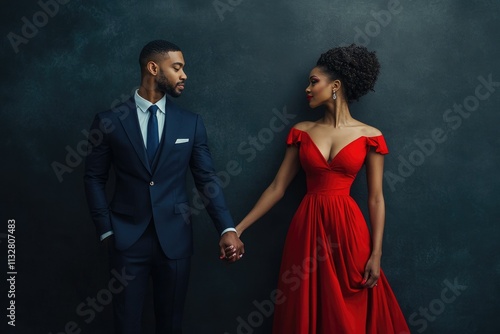 Elegant couple in formal wear, holding hands against a dark background.